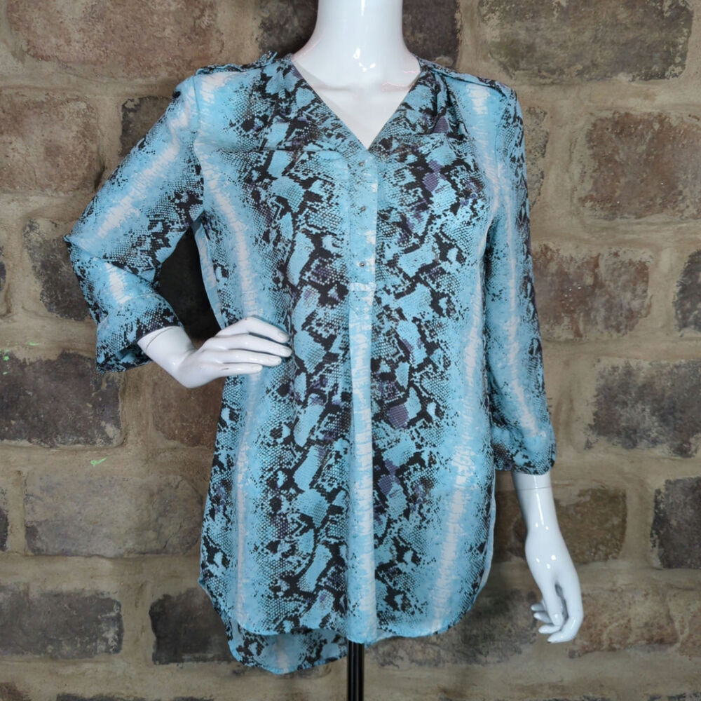 Jennifer & Grace Tunic‎ Top Women Large Blue Brown Snake Print 3/4 Button Nature